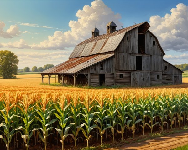 Picturesque Farming Landscape with Barn and Cornfields