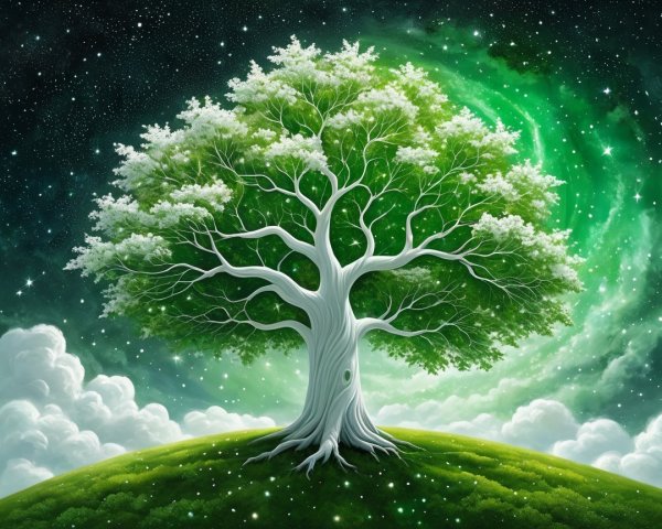Vibrant tree on green hill with cosmic backdrop