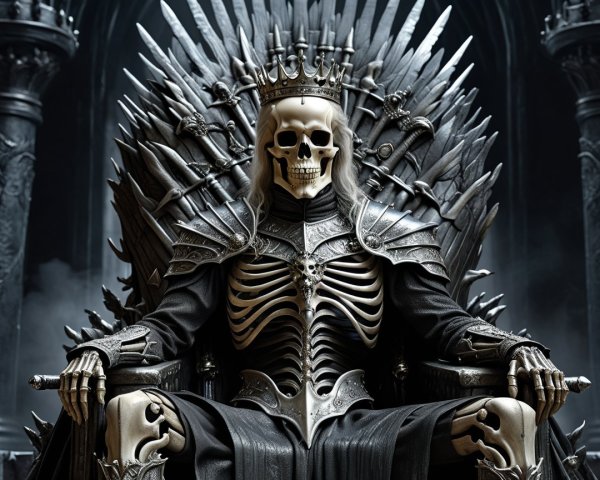 Skeletal Figure on Throne of Swords in Gothic Setting