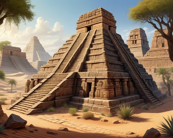 Ancient Pyramid in Desert with Lush Vegetation