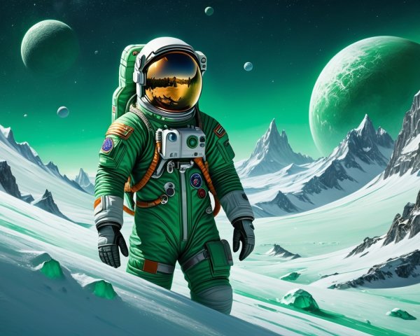 Astronaut on Alien Landscape with Green Sky and Peaks