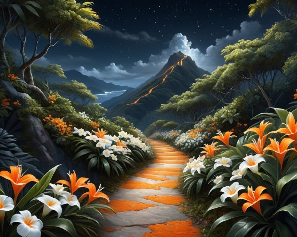 Serene pathway through lush landscape with mountains