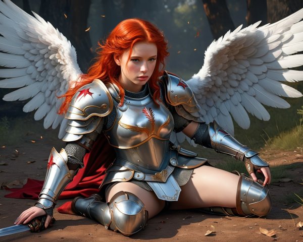 Angel with Red Hair in Forest with Sword and Armor