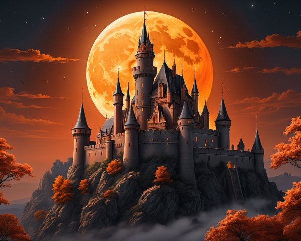 Castle on a Hill Surrounded by Autumn Trees and Mist