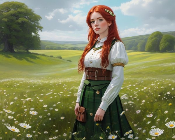 Young Woman in Meadow with Daisies and Tartan Skirt