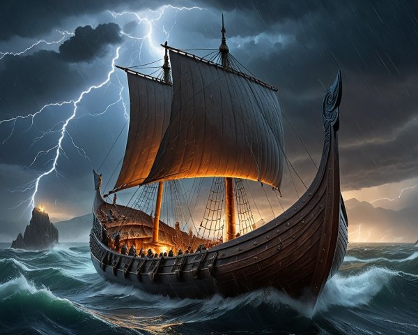 Viking Ship Navigating Stormy Seas with Flames