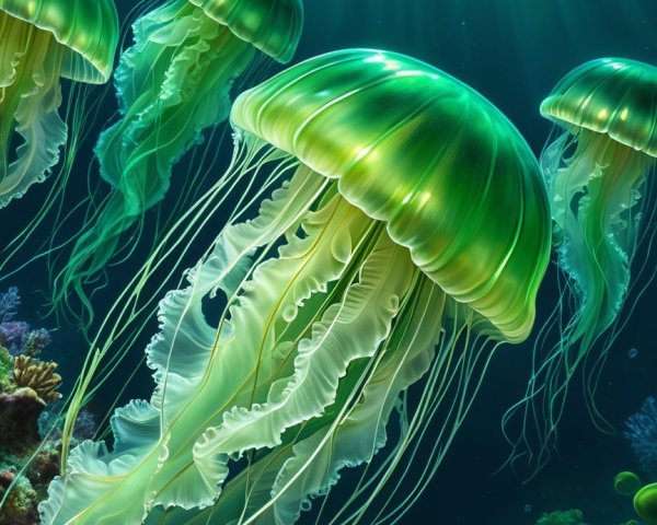 Underwater Scene with Green Jellyfish and Coral Reefs
