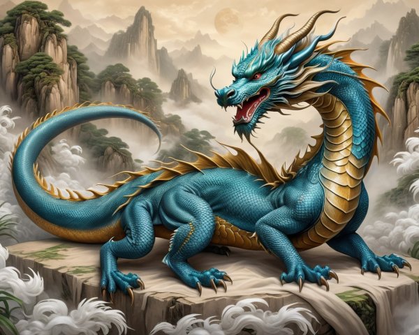 Majestic blue dragon in a mythical landscape setting