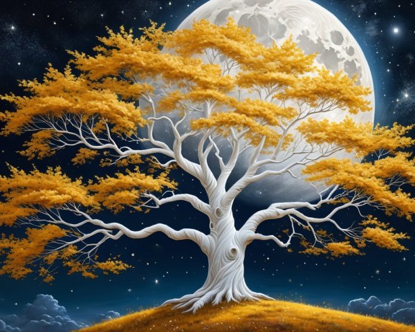 Majestic White Tree Under a Starry Night Sky