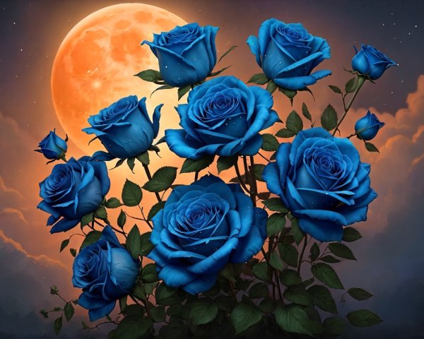 Vibrant Blue Roses Under a Luminous Moonlight