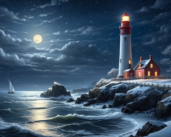 Winter Night Scene with Lighthouse and Sailboat