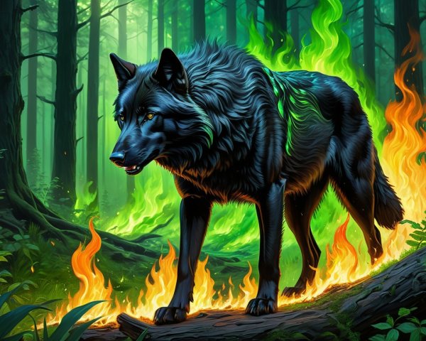 Black Wolf in Enchanted Forest with Green Flames