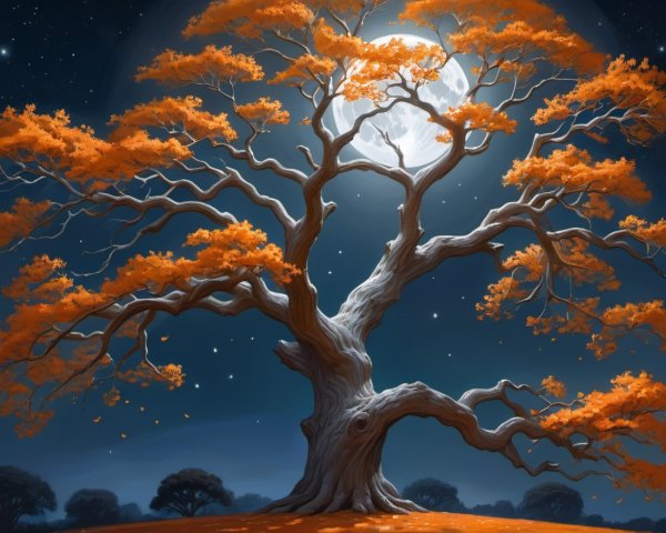 Majestic Tree Under Full Moon in Autumn Landscape