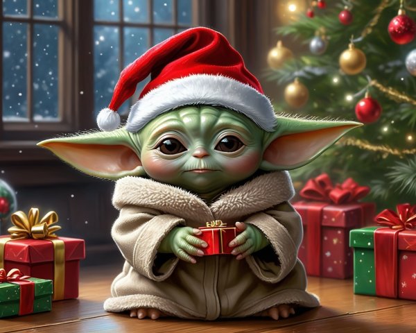 Festive Creature in Santa Hat Among Christmas Decor