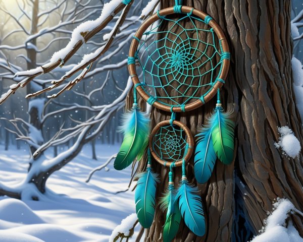 Close-up of a turquoise dreamcatcher in winter scene