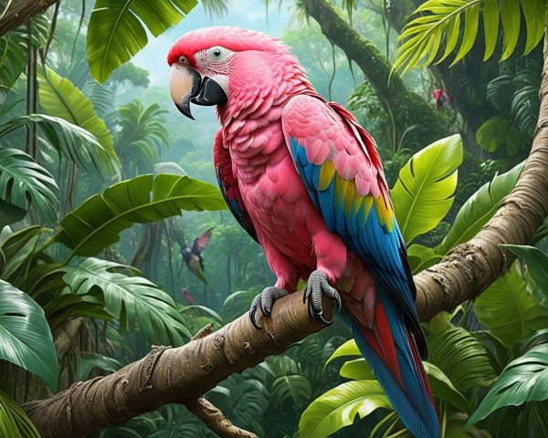 Vibrant Pink Parrot in Tropical Rainforest Setting