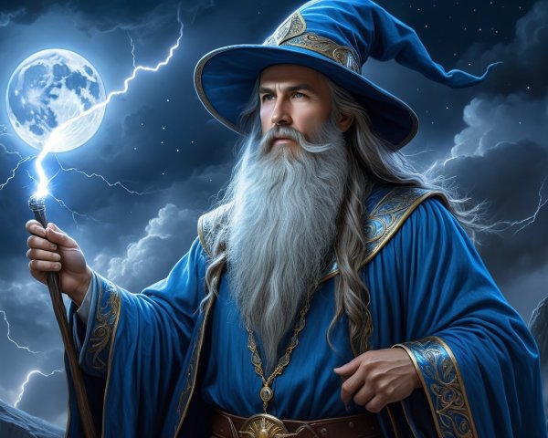 Mystical wizard in blue robe with glowing orb under moon