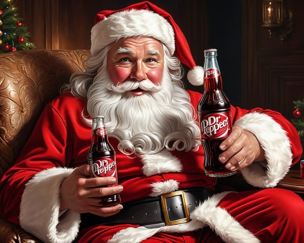 Santa Claus in Red Suit Holding Dr. Pepper Bottles