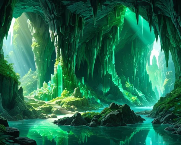 Mystical Cave with Vibrant Green Crystals and Water