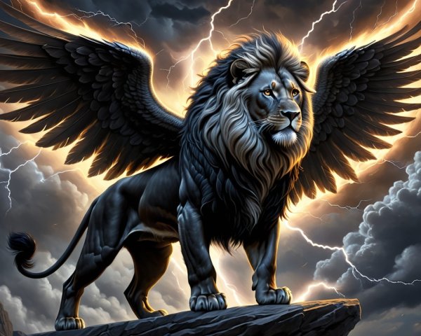 Winged Lion on Rocky Outcrop Under Stormy Sky