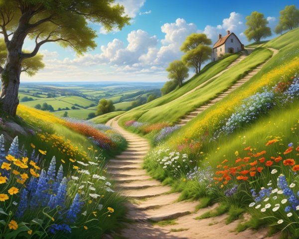 Serene Landscape with Hills, Cottage, and Wildflowers