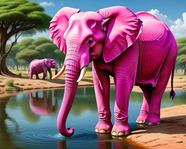 Pink Elephants by a Waterhole in a Lush Landscape