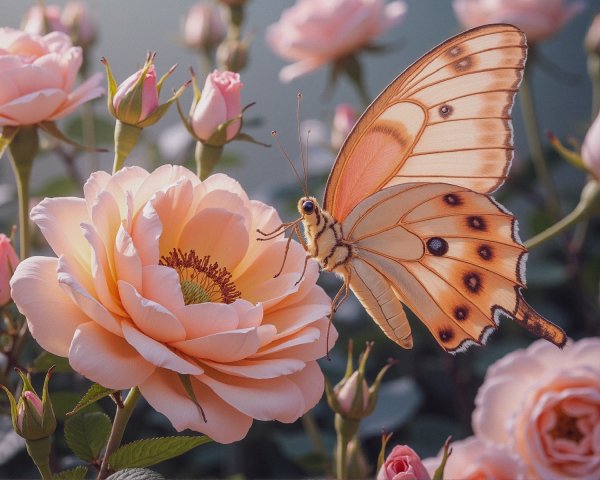 Butterfly and Pink Rose in a Serene Garden Setting
