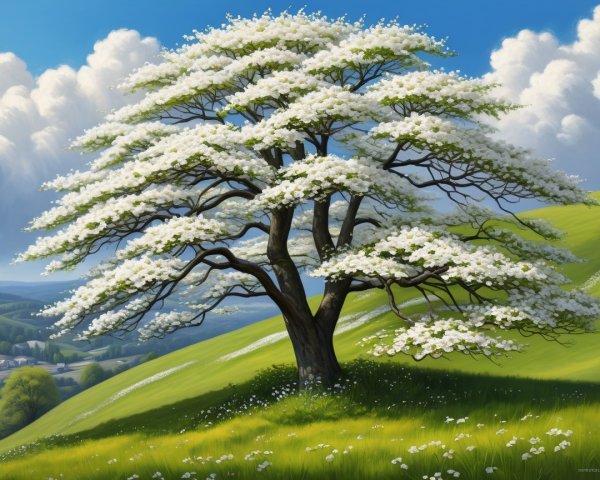 Tree with White Blossoms on Green Hillside Scene
