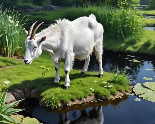 White Goat by a Flowing Stream in a Green Landscape