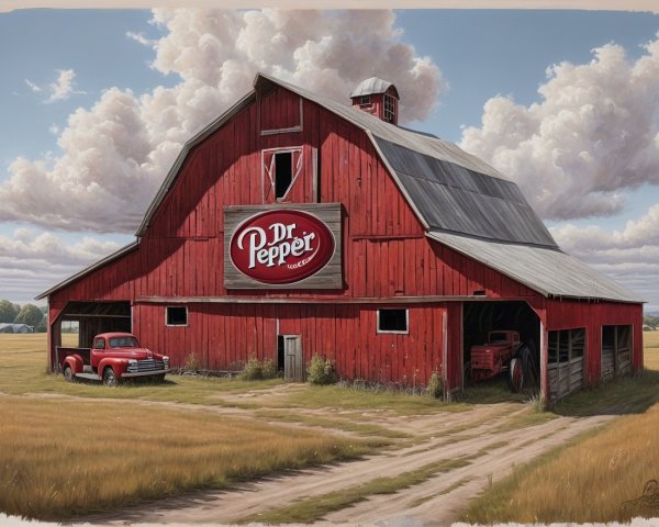 Red Barn and Classic Truck in Rural Americana Scene