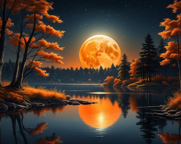 Twilight Landscape with Full Moon and Autumn Foliage