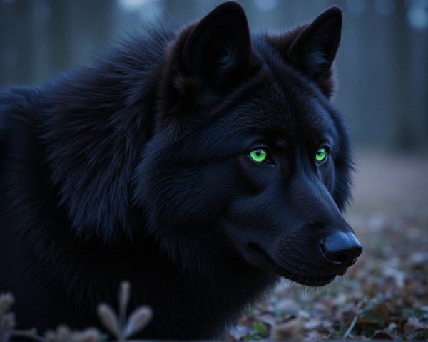 Black Wolf with Green Eyes in Enchanted Forest Setting