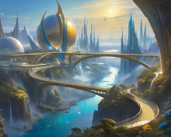 Futuristic landscape with crystalline structures and bridges