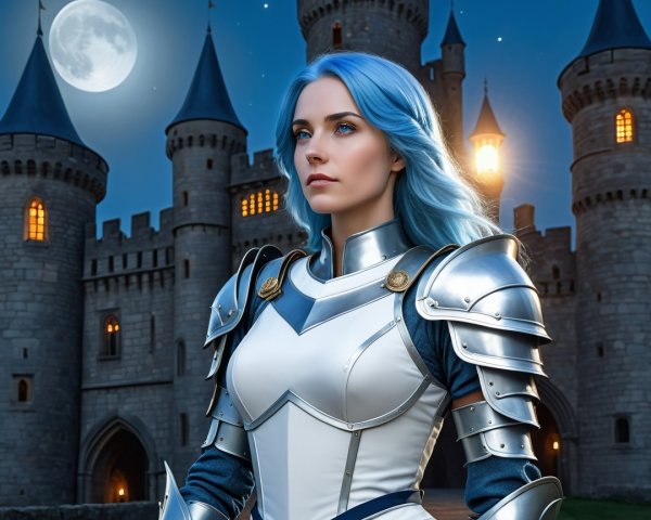 Warrior in Silver Armor Before Majestic Castle at Night