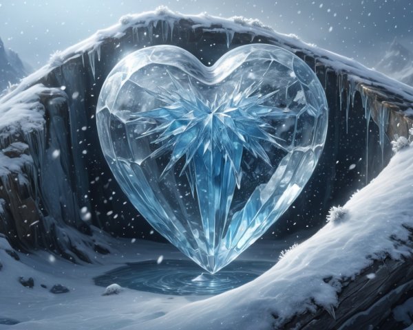 Large Ice Heart Sculpture in Snowy Landscape