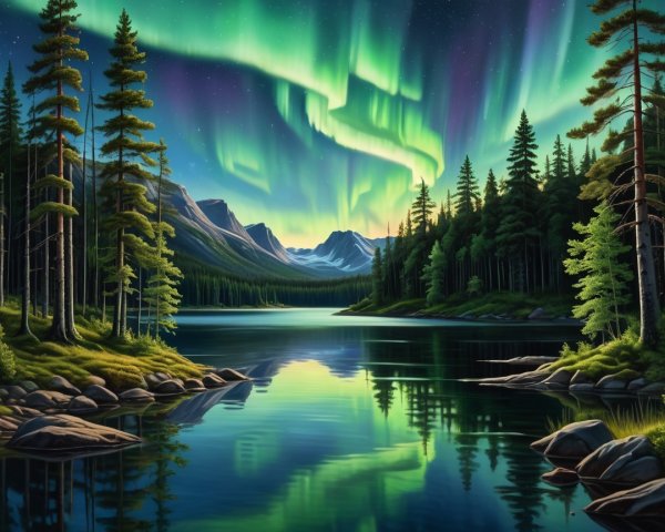 Serene Lake Landscape with Auroras and Mountains