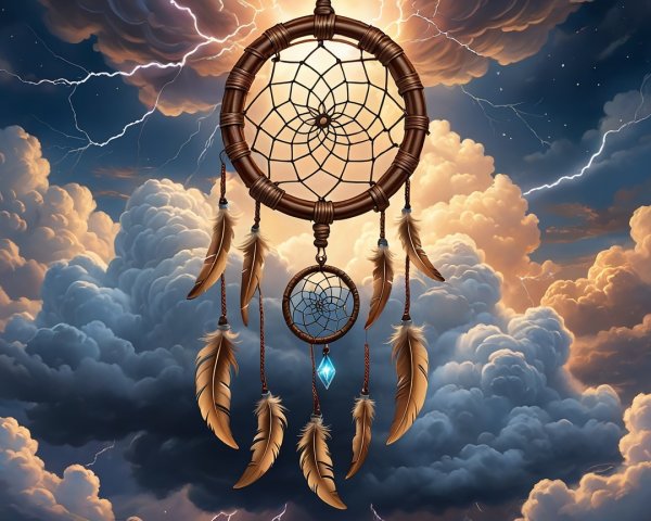 Dream catcher against dramatic sky with lightning