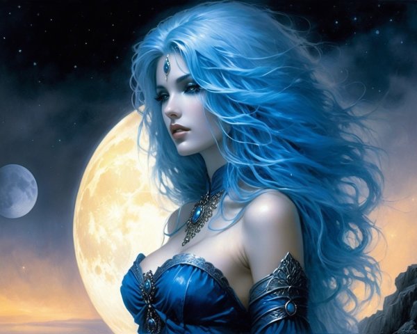 Elegant figure in gown under glowing moonlit sky