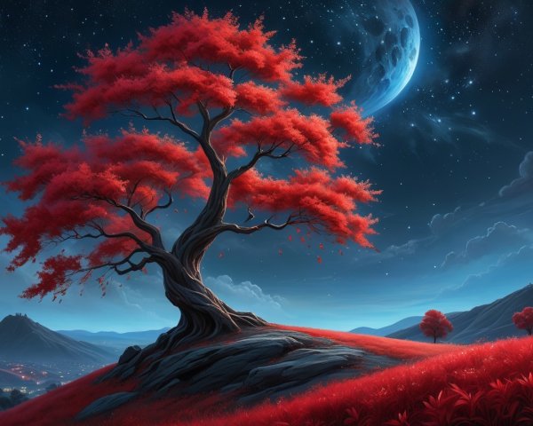 Twilight Landscape with Twisted Tree and Moonlight