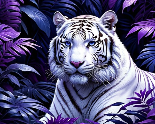 White Tiger in Jungle with Purple Leaves and Blue Eyes