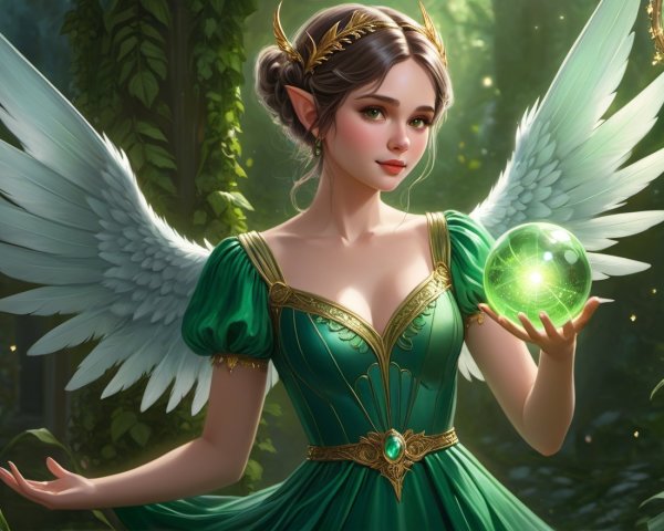 Fairy in Green Gown with Glowing Orb in Forest