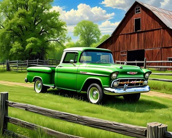 Vintage Green Pickup Truck by Rustic Barn and Fence