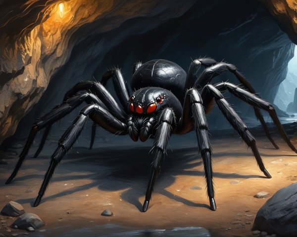 Black Spider with Red Eyes in Dim Cave Setting
