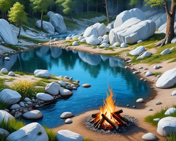 Serene Campsite by a Clear Pond Surrounded by Nature