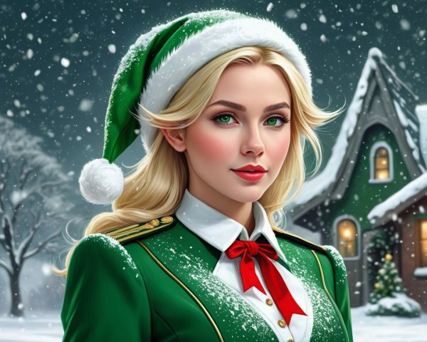 Blonde Woman in Festive Elf Hat in Snowy Landscape