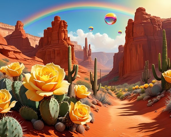 Vibrant Desert Scene with Red Rocks and Rainbow