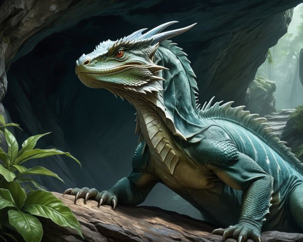 Majestic dragon resting in a lush green cave