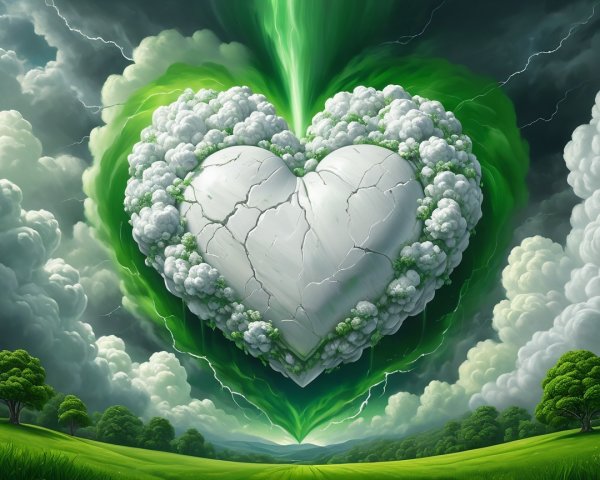 Digital painting of a broken heart with florets and energy