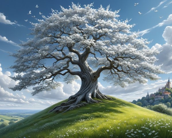 Majestic white tree on hill with vibrant meadow and village