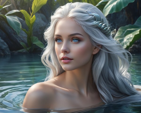 Young Woman with Silver Hair in Tranquil Pool Scene